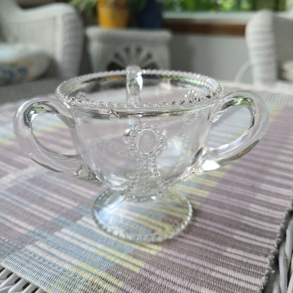 Antique Indiana Glass Jewel & Festoon Clear Glass Mini Loving Cup Three Handles
